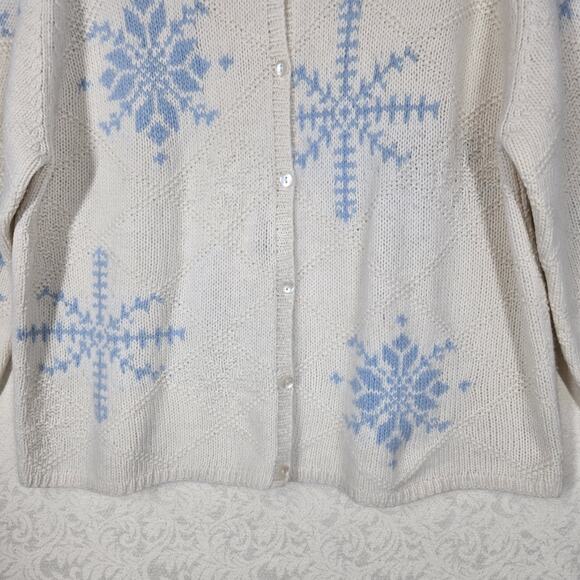 VTG Talbots Lambswool Angora Cardigan 1X Ivory Blue Snowflakes Holiday - Picture 3 of 14